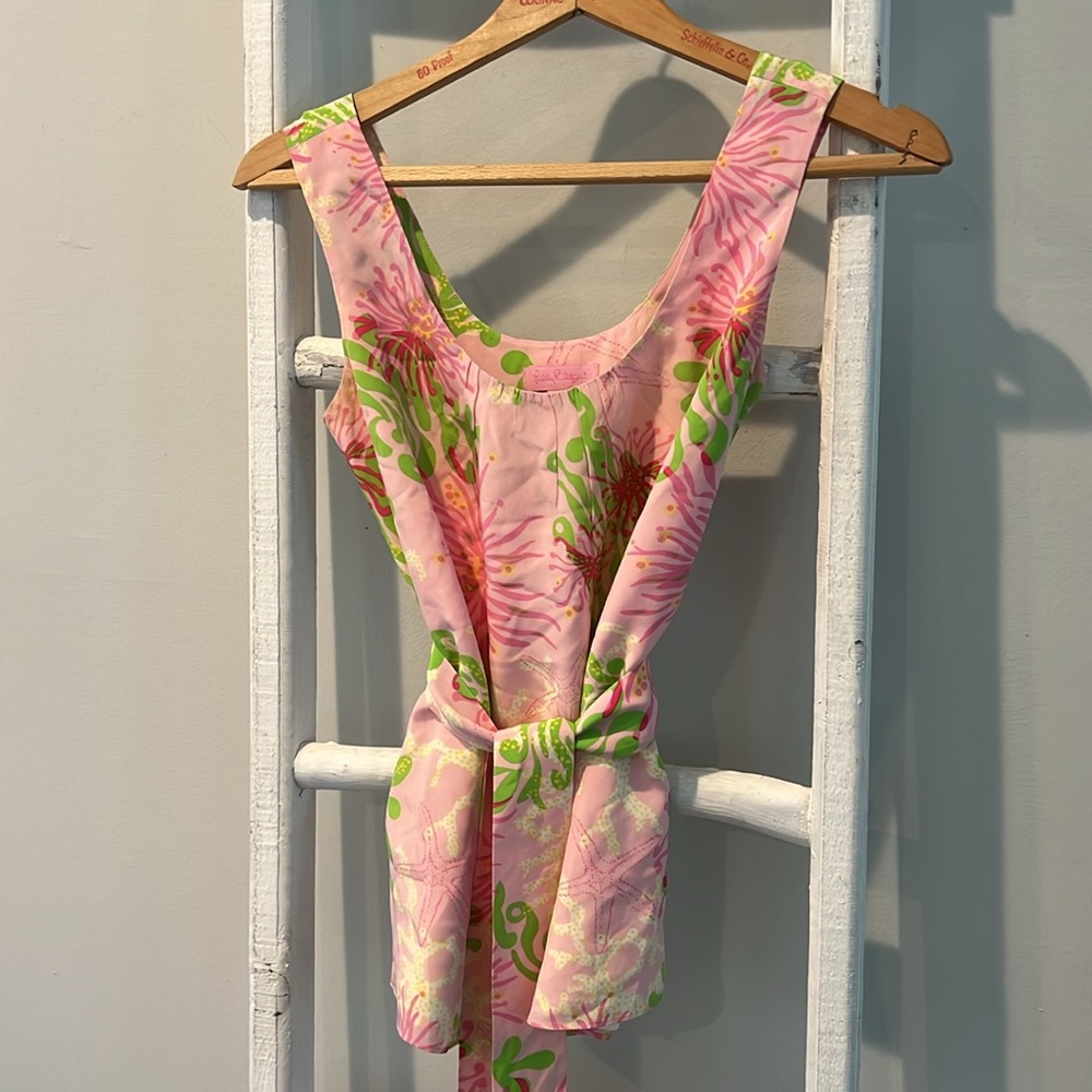 Lilly Pulitzer cedar pink and Green silk belted Patterned Top size 0 - Picture 3 of 13